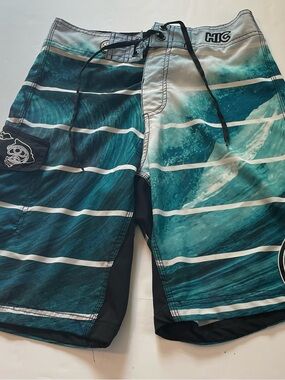 HIC Men's Teal Wave Stripe Board Shorts
